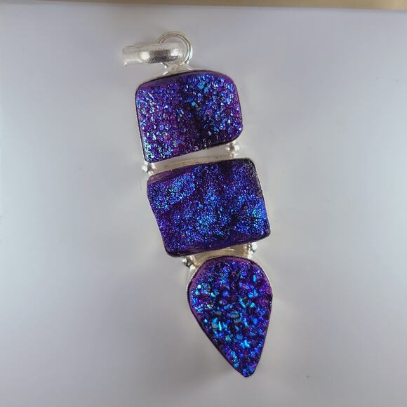Purple Druzy Quartz Sterling Silver Pendant 2.5" Iridescent Triple Drop - Picture 4 of 13